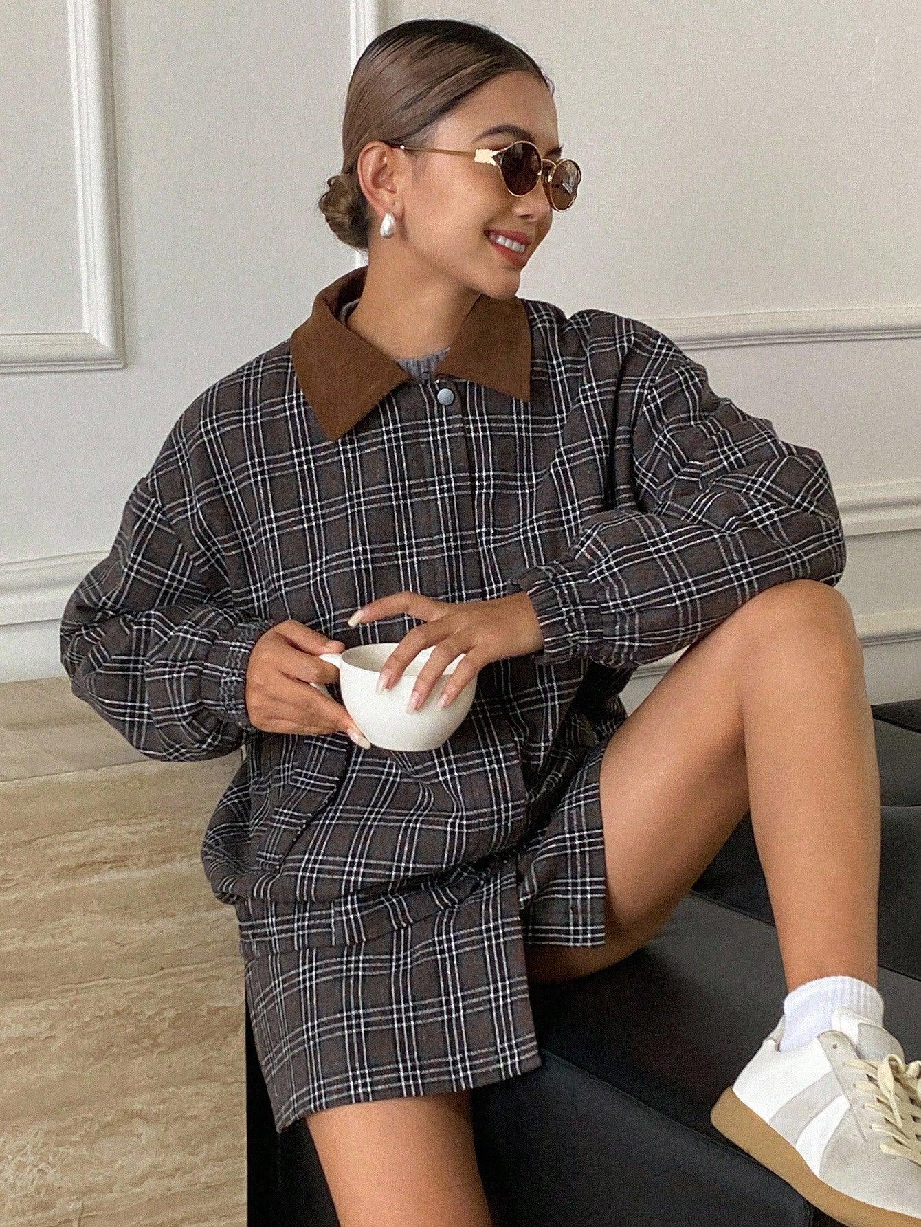 SHEIN-DAZY Women's Suit Set consisting of a plaid collar coat - alotasawkli