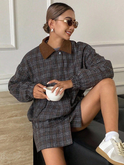 SHEIN-DAZY Women's Suit Set consisting of a plaid collar coat - alotasawkli