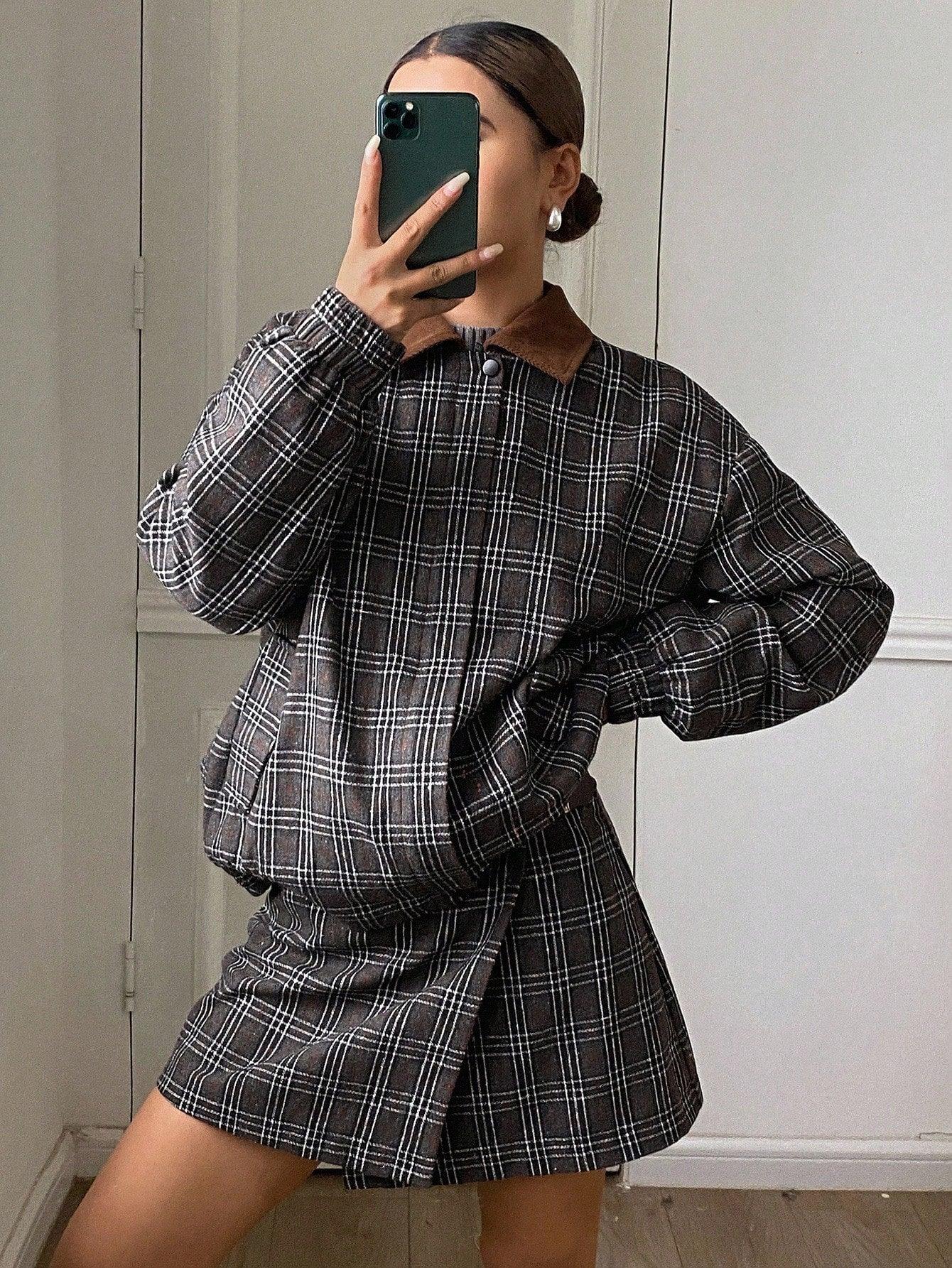 SHEIN-DAZY Women's Suit Set consisting of a plaid collar coat - alotasawkli