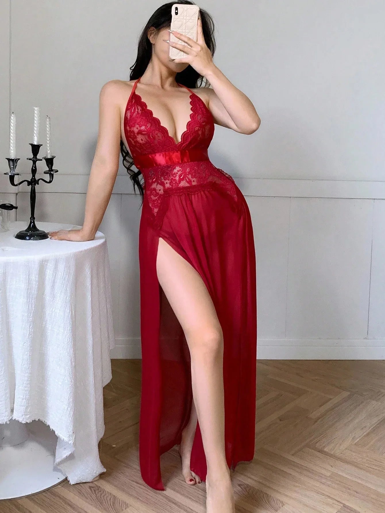 Women’s Sexy Long Silky Mesh Nightgown with V-Slit – Valentine’s Lingerie - alotasawkli