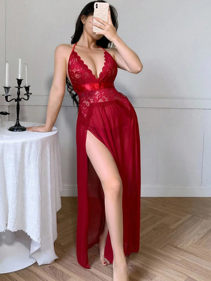 Women’s Sexy Long Silky Mesh Nightgown with V-Slit – Valentine’s Lingerie - alotasawkli