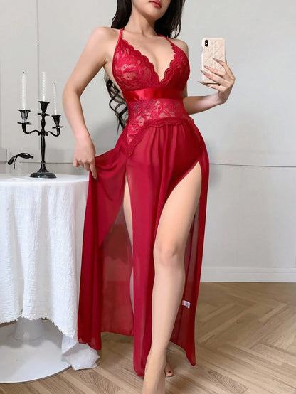 Women’s Sexy Long Silky Mesh Nightgown with V-Slit – Valentine’s Lingerie - alotasawkli