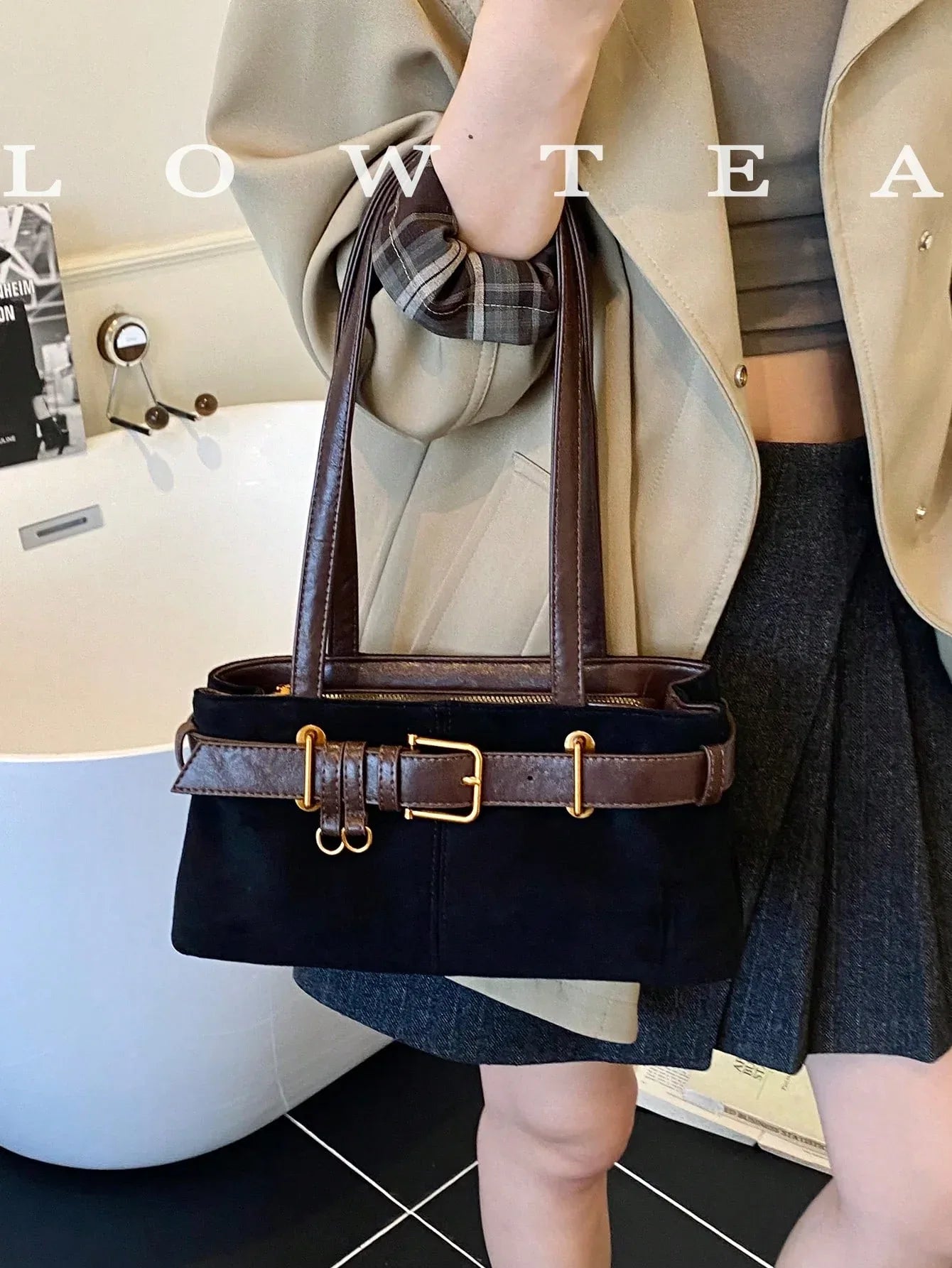 SHEIN-Low Tea Square Velvet Shoulder Bag - alotasawkli