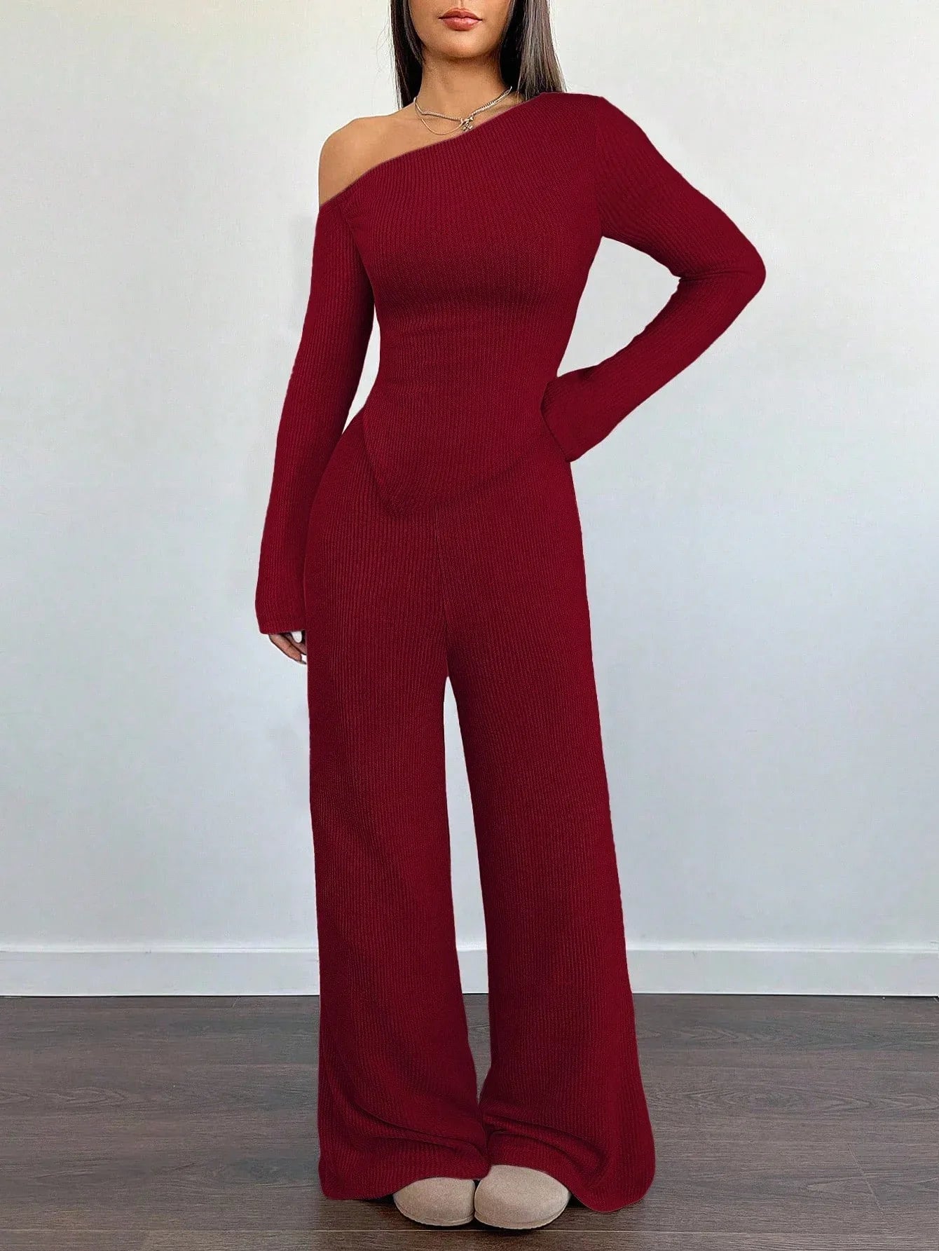 SHEIN-Flirla Asymmetrical Shoulder Velvet Top + Low-Waisted Wide-Leg Pants - alotasawkli