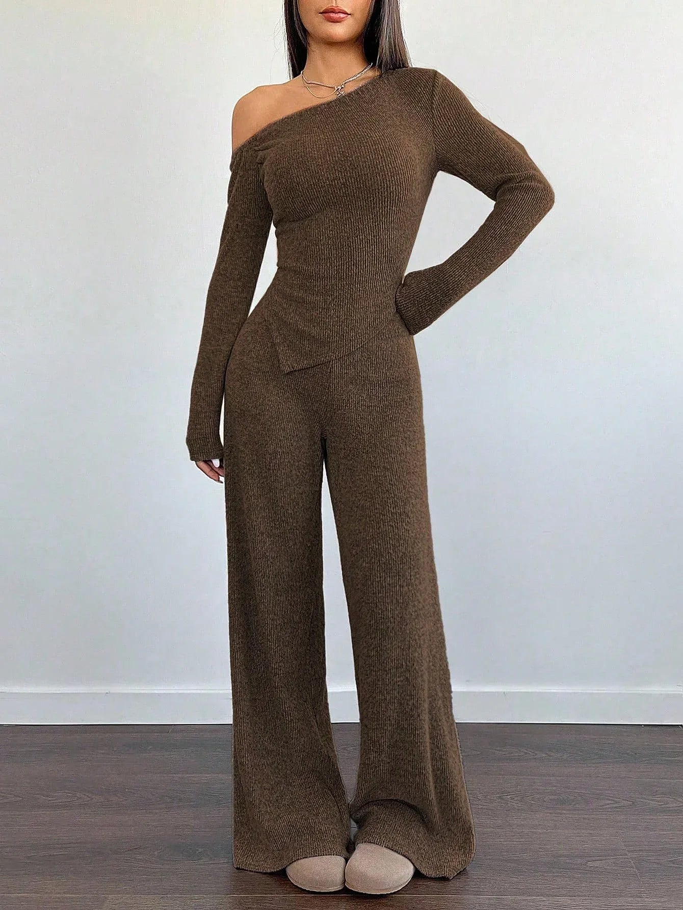 SHEIN-Flirla Asymmetrical Shoulder Velvet Top + Low-Waisted Wide-Leg Pants - alotasawkli
