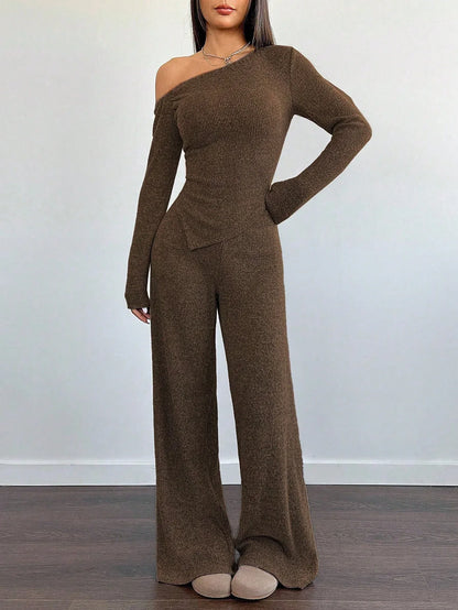 SHEIN-Flirla Asymmetrical Shoulder Velvet Top + Low-Waisted Wide-Leg Pants - alotasawkli