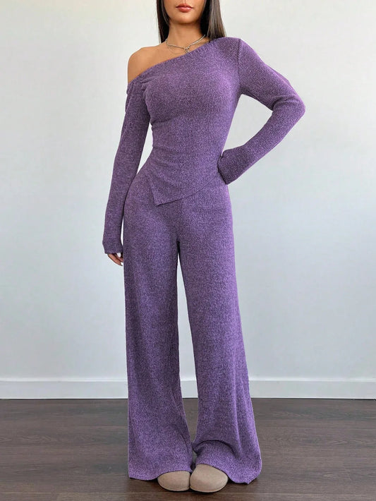 SHEIN-Flirla Asymmetrical Shoulder Velvet Top + Low-Waisted Wide-Leg Pants - alotasawkli