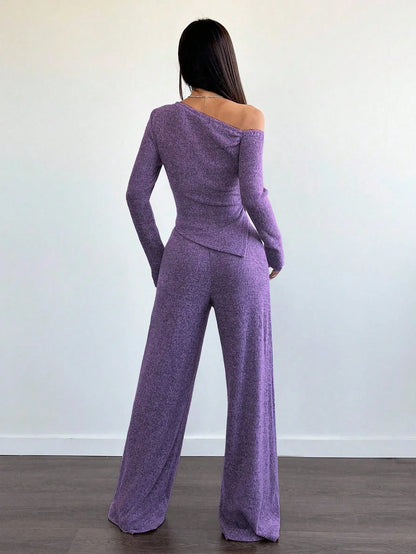 SHEIN-Flirla Asymmetrical Shoulder Velvet Top + Low-Waisted Wide-Leg Pants - alotasawkli