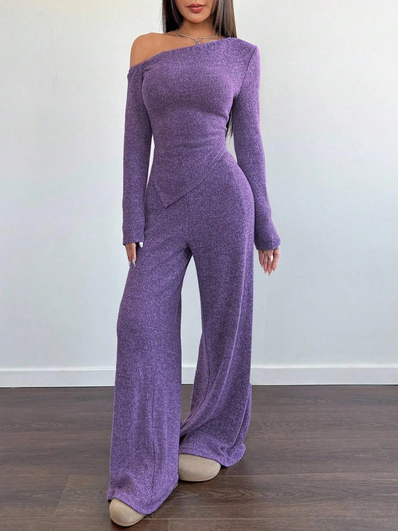 SHEIN-Flirla Asymmetrical Shoulder Velvet Top + Low-Waisted Wide-Leg Pants - alotasawkli