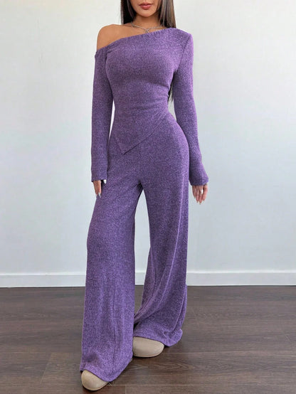 SHEIN-Flirla Asymmetrical Shoulder Velvet Top + Low-Waisted Wide-Leg Pants - alotasawkli