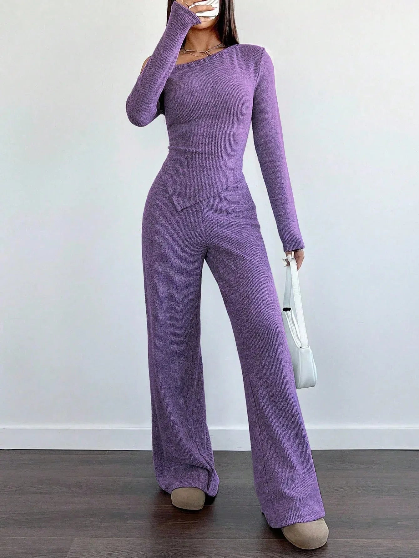 SHEIN-Flirla Asymmetrical Shoulder Velvet Top + Low-Waisted Wide-Leg Pants - alotasawkli