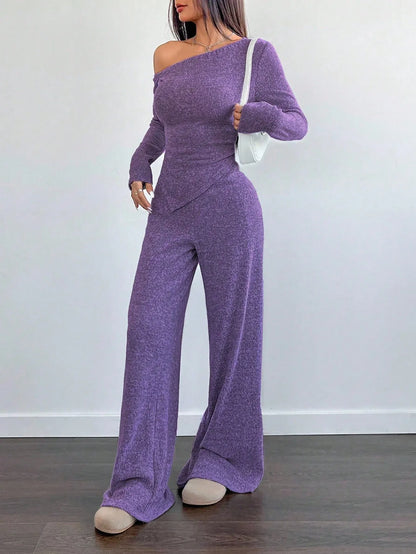SHEIN-Flirla Asymmetrical Shoulder Velvet Top + Low-Waisted Wide-Leg Pants - alotasawkli