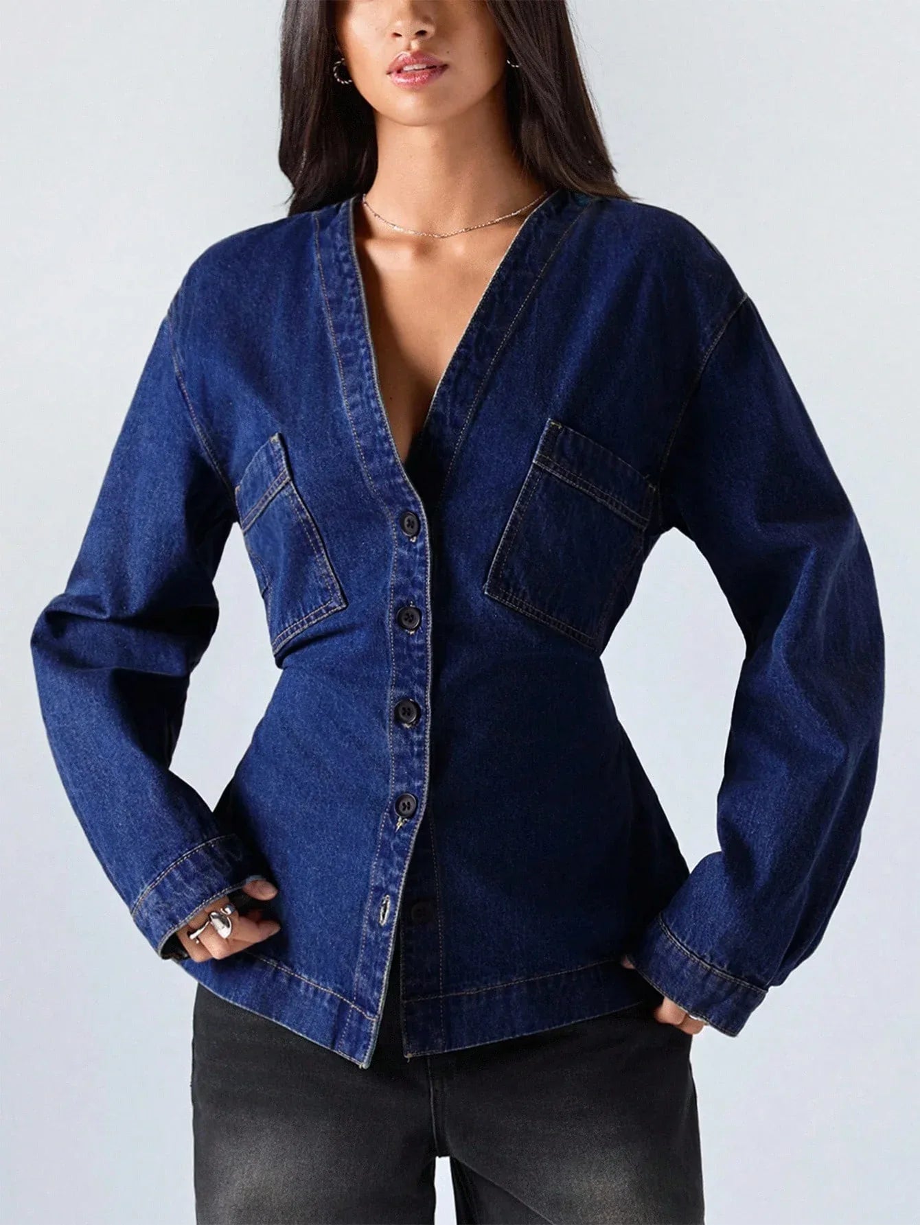 SHEIN-Women's Casual Washed Denim Blouse with Waist Belt - alotasawkli