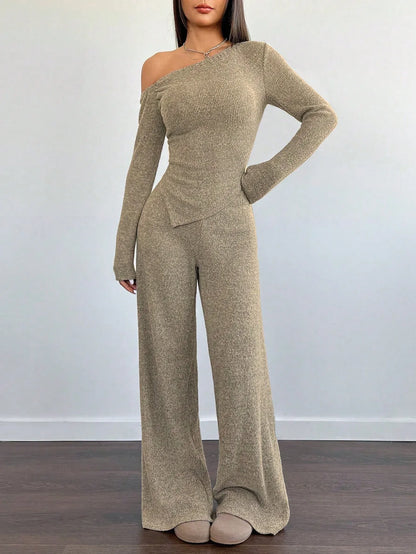 SHEIN-Flirla Asymmetrical Shoulder Velvet Top + Low-Waisted Wide-Leg Pants - alotasawkli