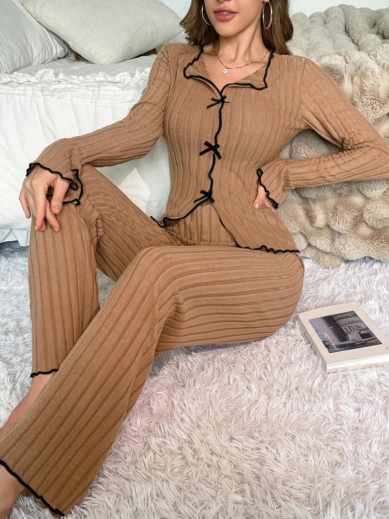 Women’s Striped Thermal Casual Pajama Set with Bow Detail – 2 Pieces - alotasawkli