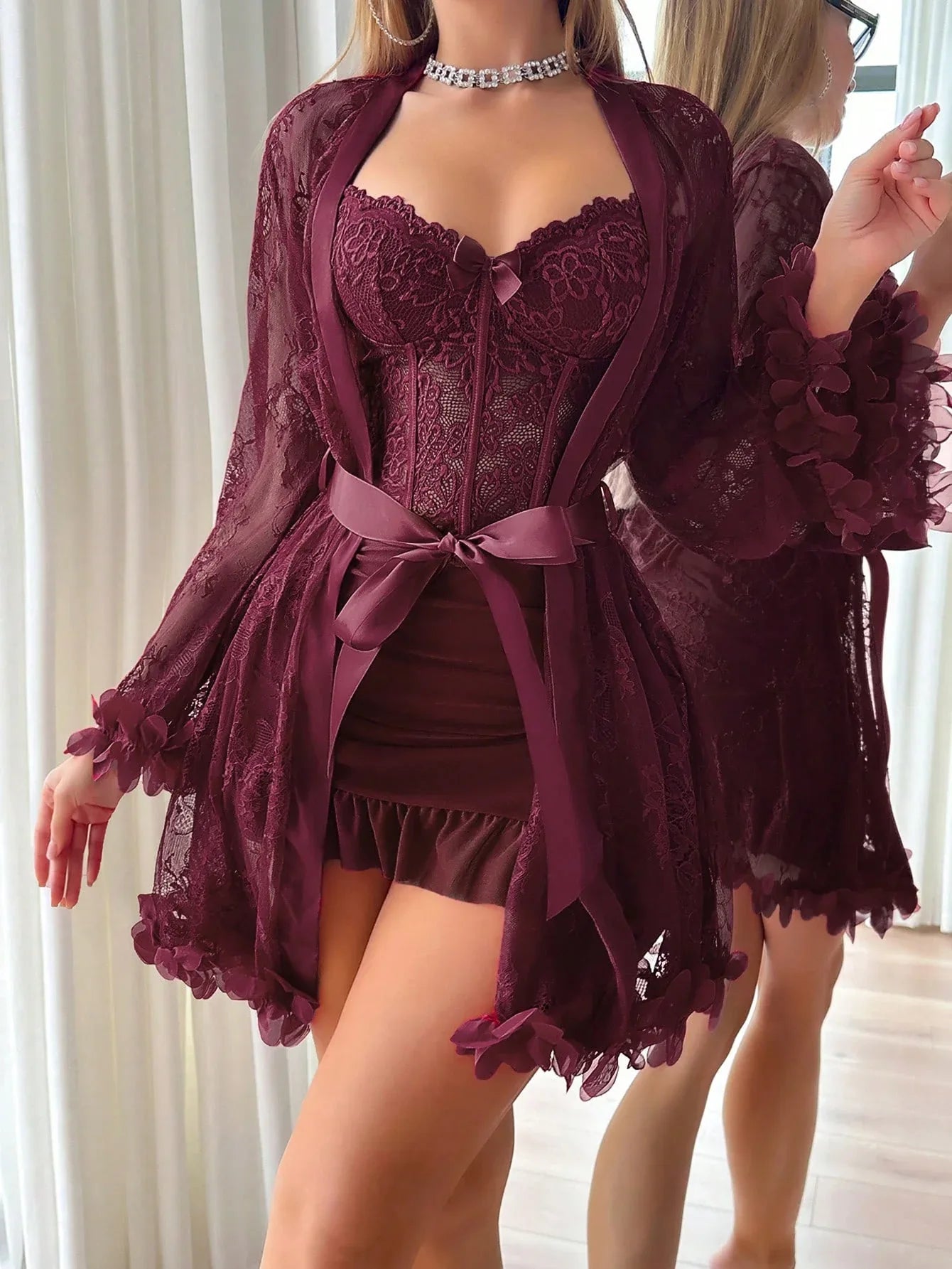 SHEIN Two-Piece Set: 3D Floral Robe & Camisole Nightdress - alotasawkli