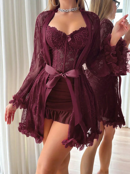SHEIN Two-Piece Set: 3D Floral Robe & Camisole Nightdress - alotasawkli
