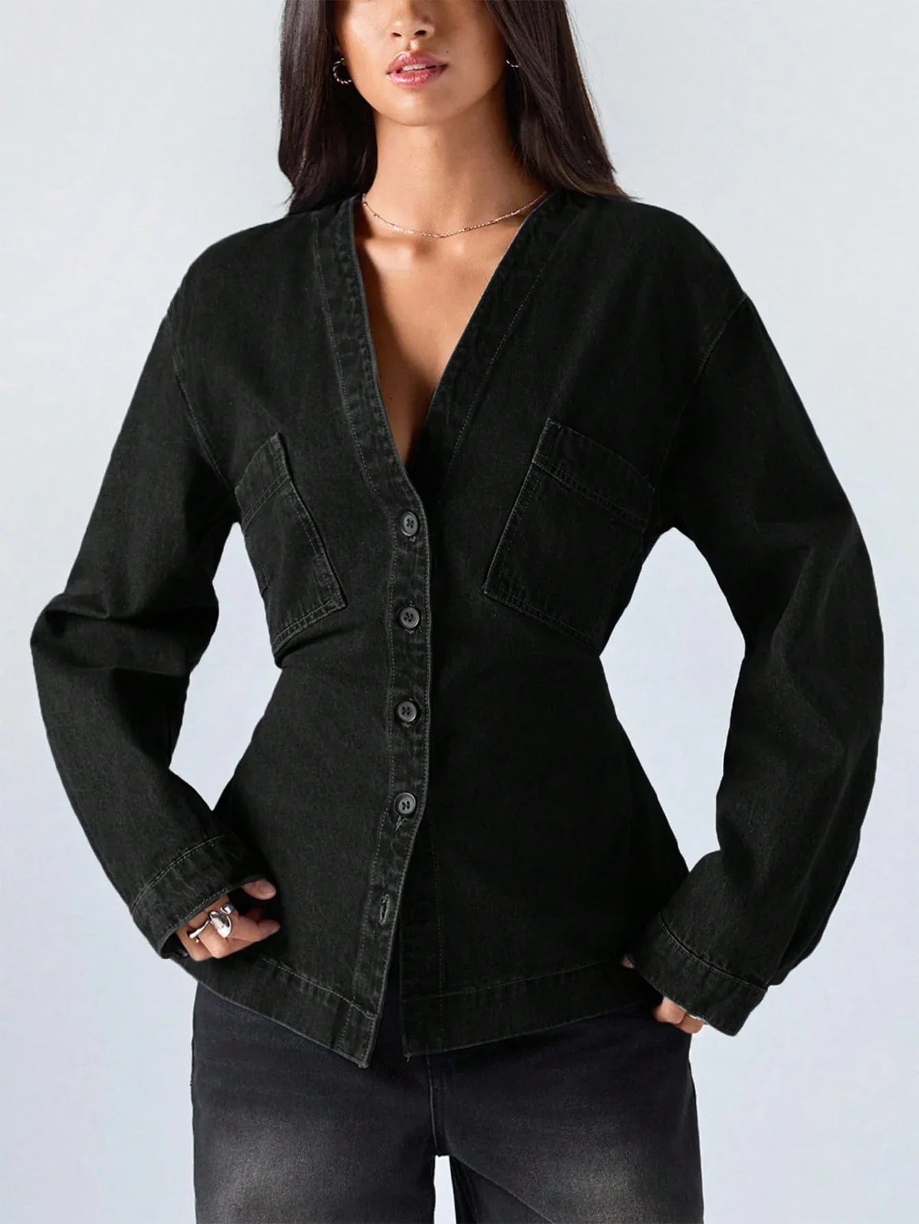 SHEIN-Women's Casual Washed Denim Blouse with Waist Belt - alotasawkli
