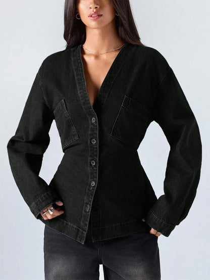SHEIN-Women's Casual Washed Denim Blouse with Waist Belt - alotasawkli