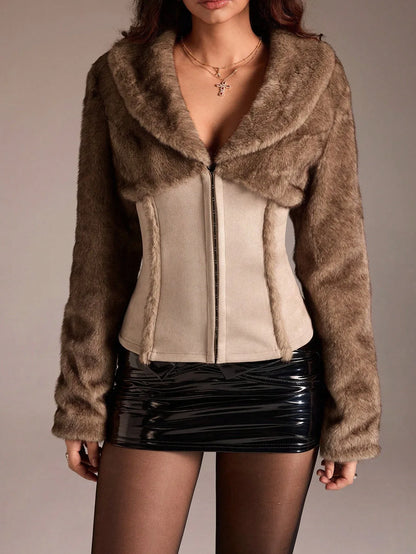 SHEIN-TRNVIE 1-piece women's plain jacket, made of brown faux fur and suede - alotasawkli