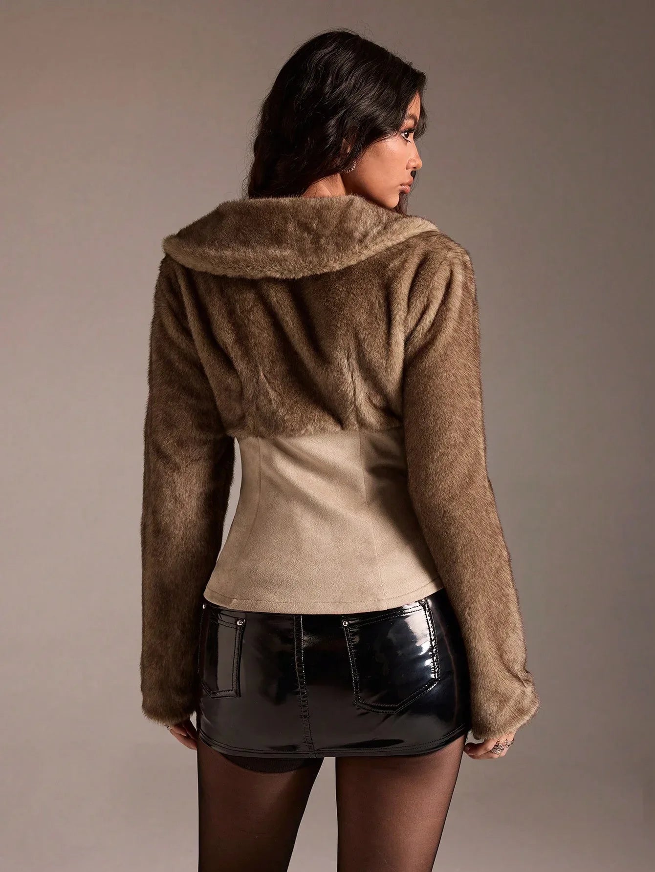 SHEIN-TRNVIE 1-piece women's plain jacket, made of brown faux fur and suede - alotasawkli