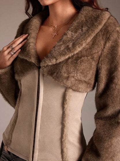 SHEIN-TRNVIE 1-piece women's plain jacket, made of brown faux fur and suede - alotasawkli