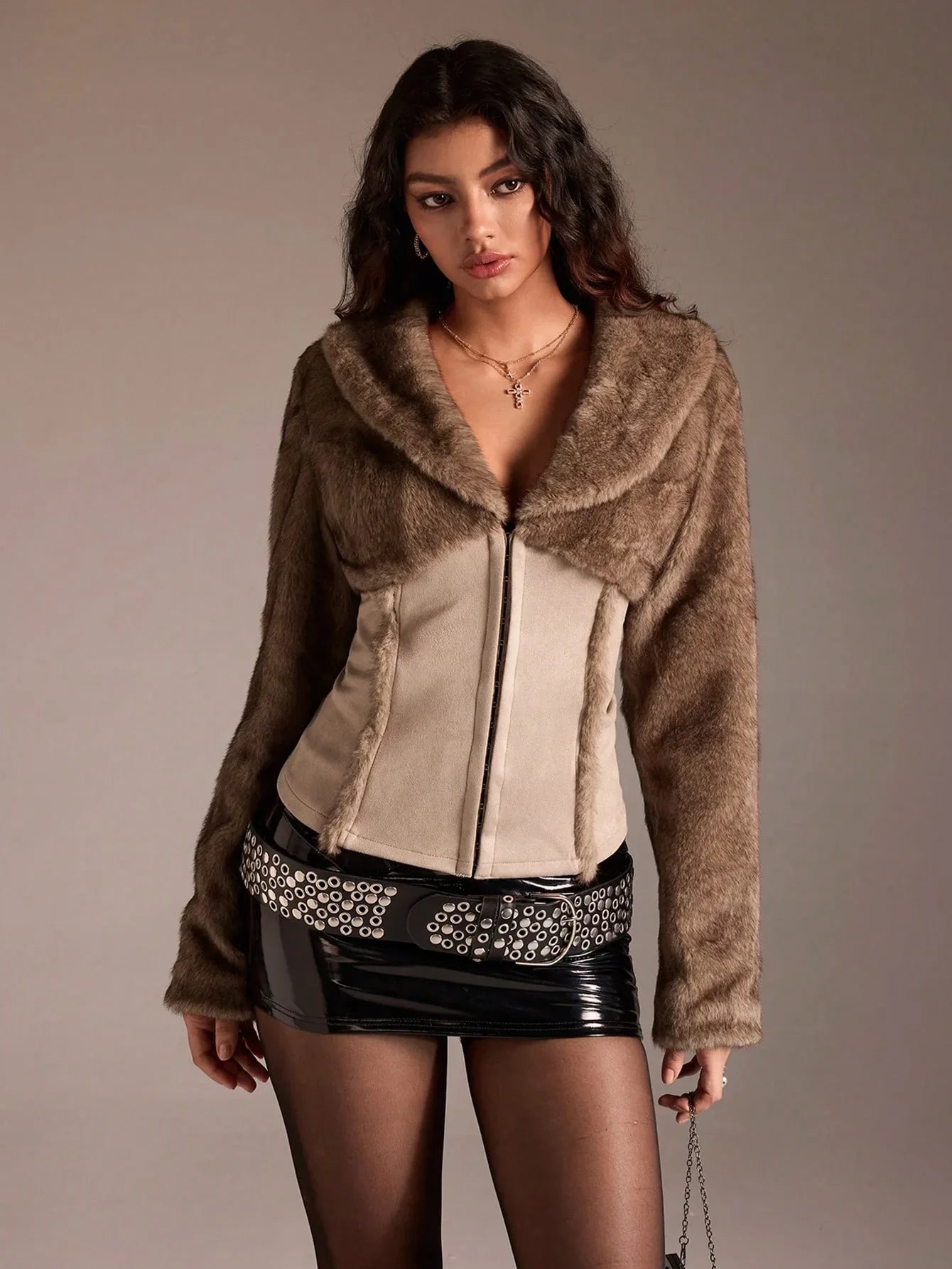 SHEIN-TRNVIE 1-piece women's plain jacket, made of brown faux fur and suede - alotasawkli