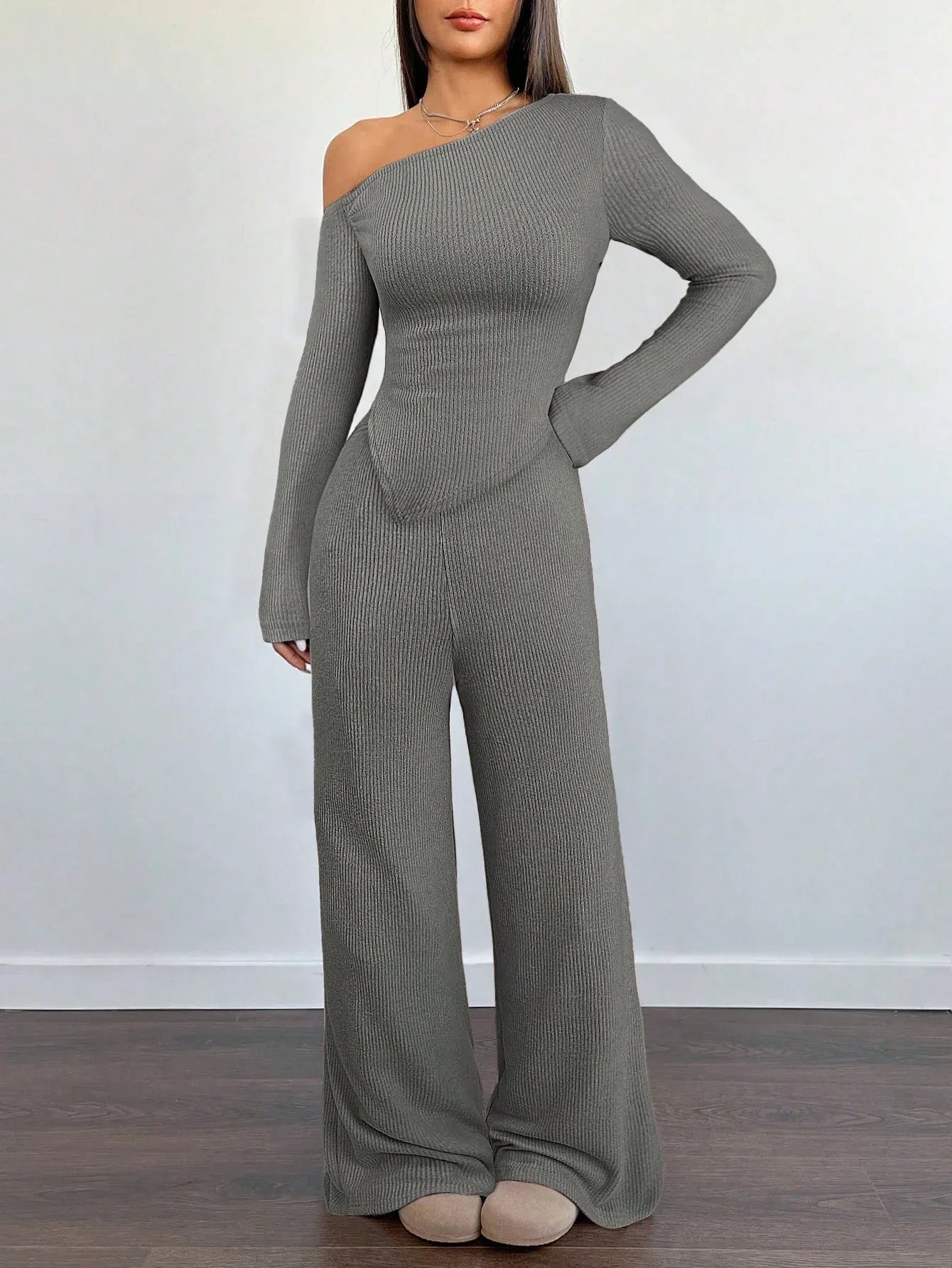 SHEIN-Flirla Asymmetrical Shoulder Velvet Top + Low-Waisted Wide-Leg Pants - alotasawkli