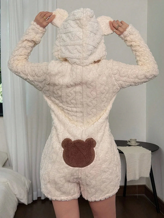 SHEIN Long Sleeve Embroidered Bear Pajamas with Hood - alotasawkli