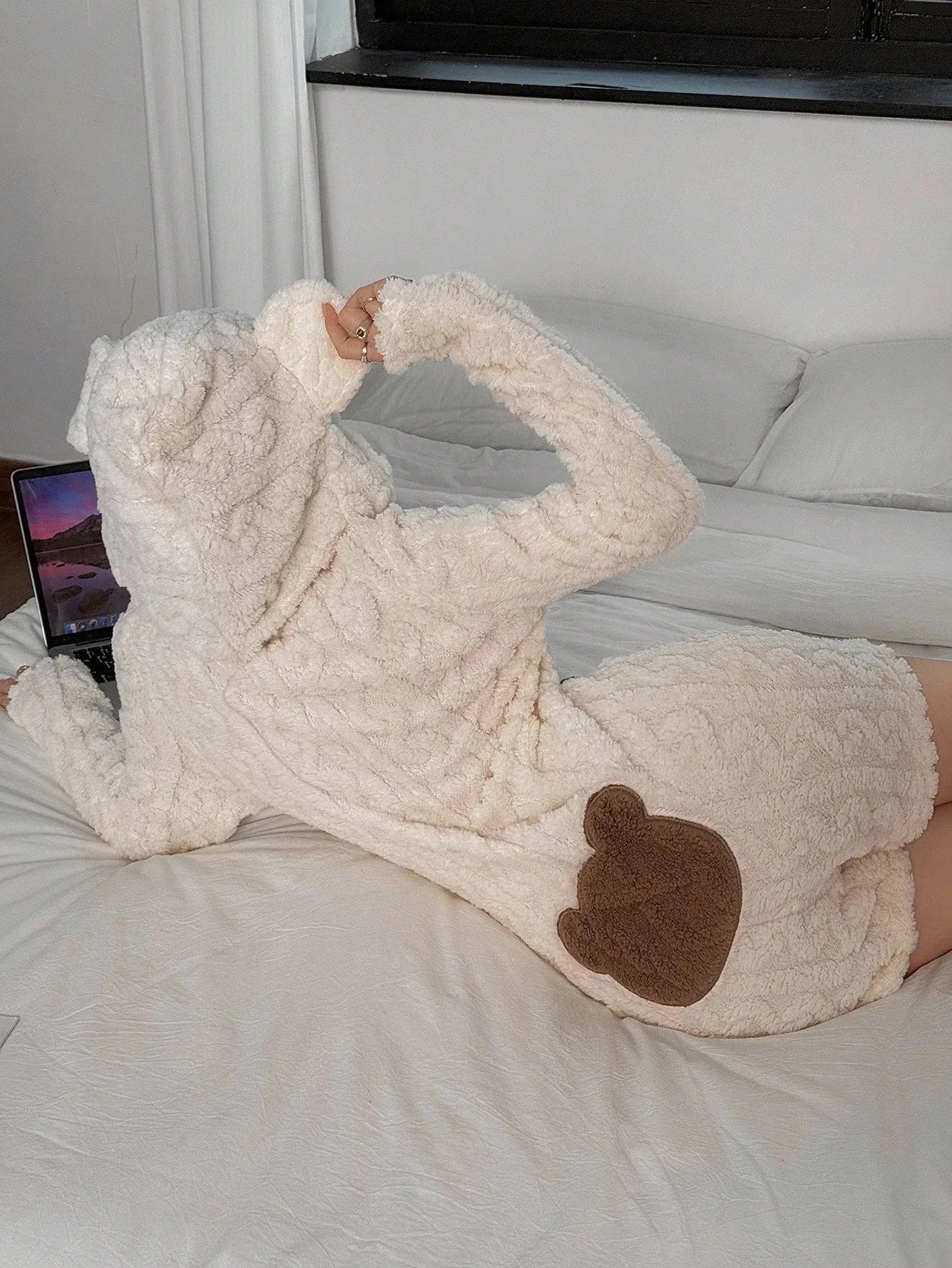 SHEIN Long Sleeve Embroidered Bear Pajamas with Hood - alotasawkli
