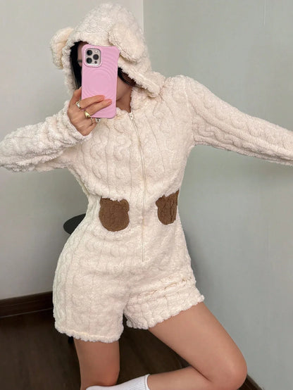 SHEIN Long Sleeve Embroidered Bear Pajamas with Hood - alotasawkli