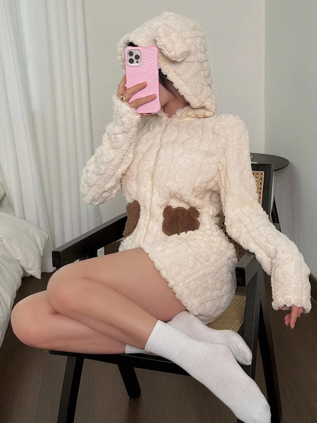 SHEIN Long Sleeve Embroidered Bear Pajamas with Hood - alotasawkli