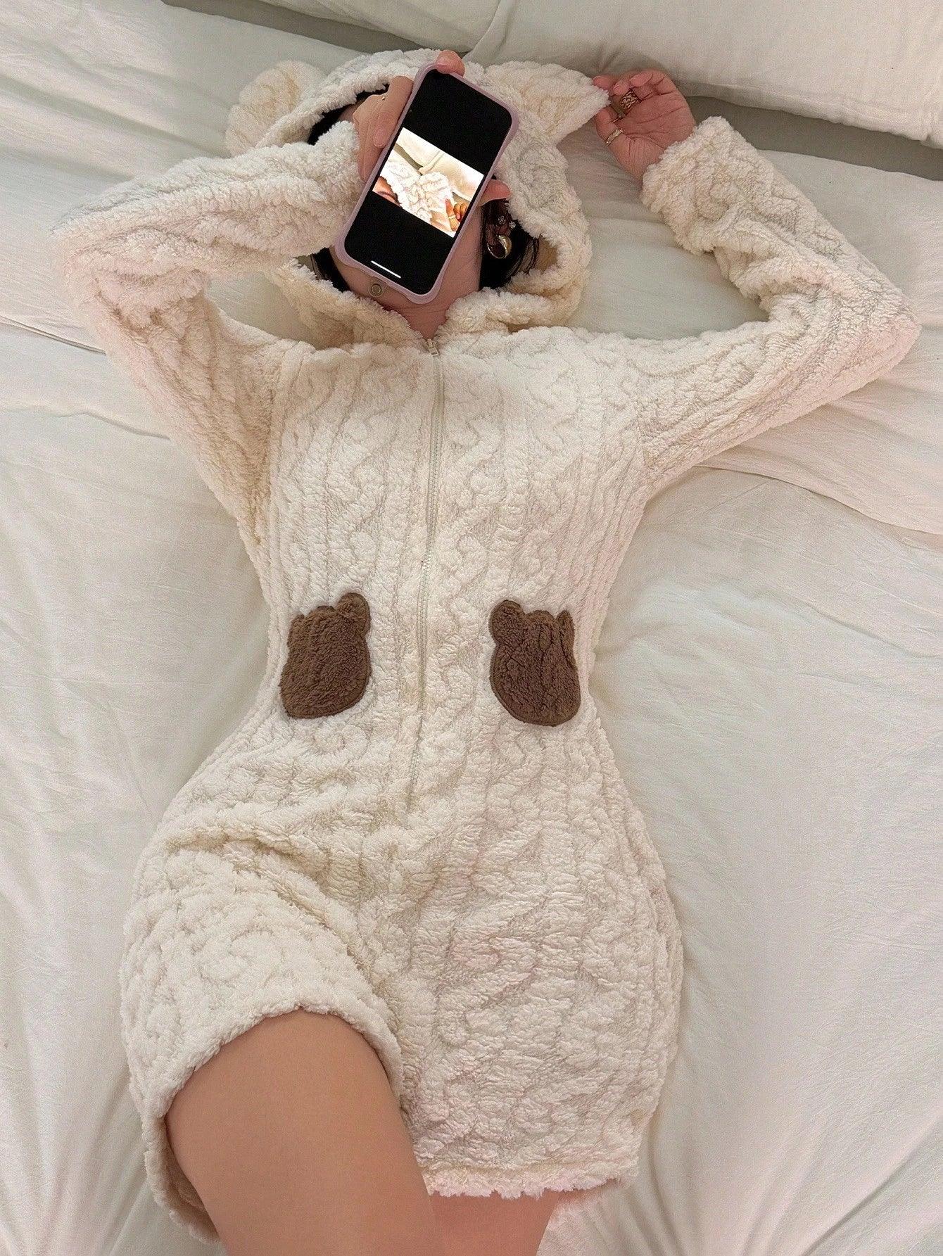 SHEIN Long Sleeve Embroidered Bear Pajamas with Hood - alotasawkli