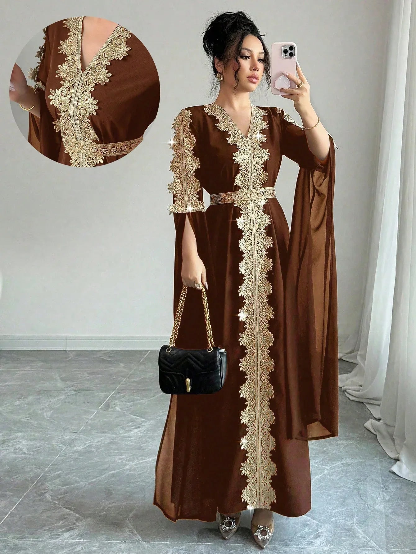 Rafferiza عباءة نسائية طويلة الأكمام بتصميم لوحات ملونة، فستان كفتان بلون أحادي مزين بتريم من الدانتيل - alotasawkli