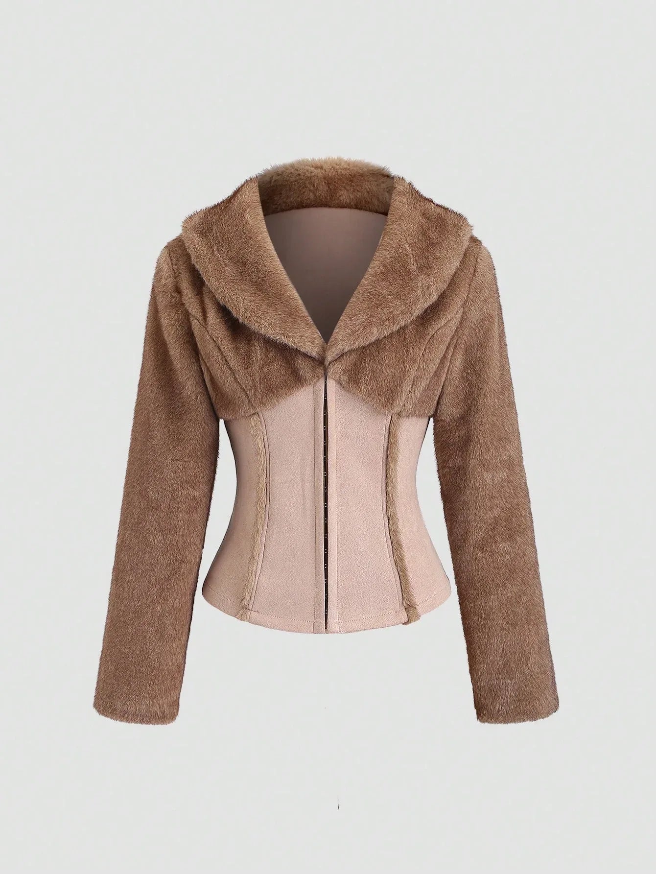SHEIN-TRNVIE 1-piece women's plain jacket, made of brown faux fur and suede - alotasawkli