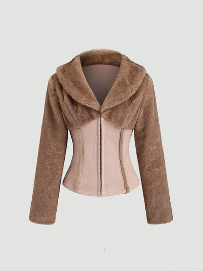 SHEIN-TRNVIE 1-piece women's plain jacket, made of brown faux fur and suede - alotasawkli