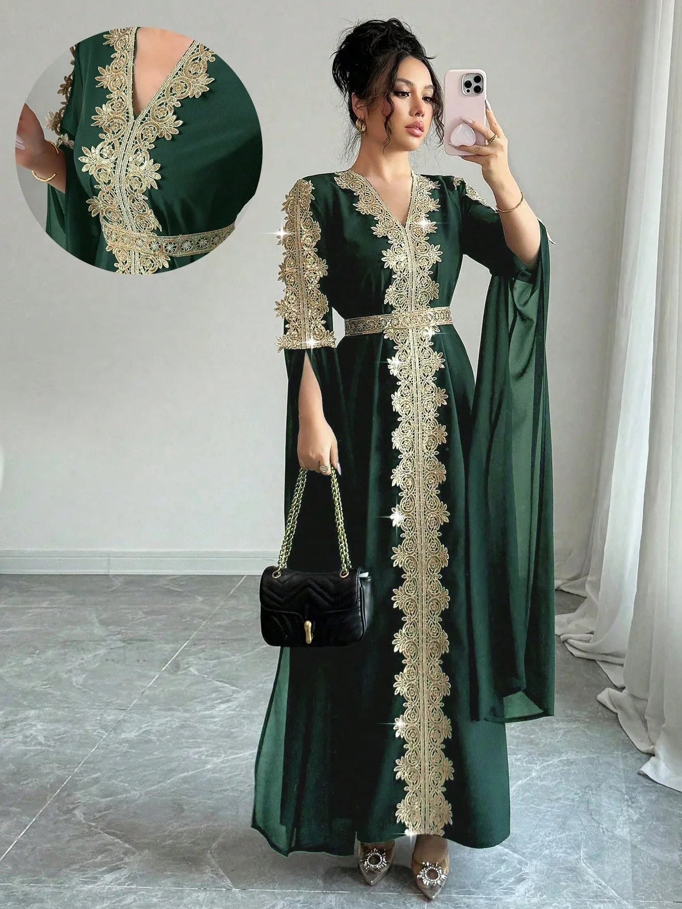 Rafferiza عباءة نسائية طويلة الأكمام بتصميم لوحات ملونة، فستان كفتان بلون أحادي مزين بتريم من الدانتيل - alotasawkli