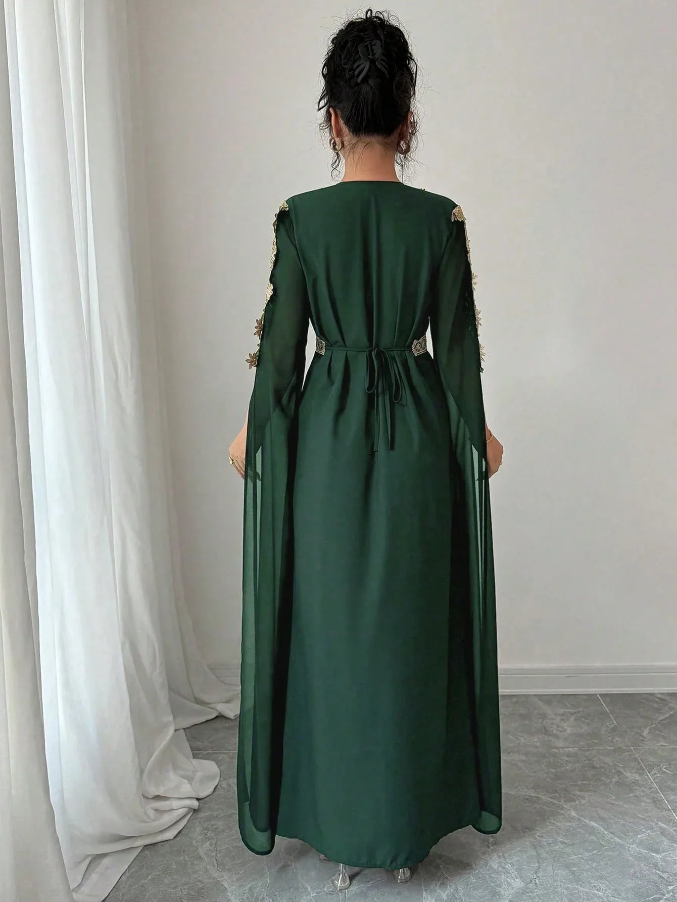 Rafferiza عباءة نسائية طويلة الأكمام بتصميم لوحات ملونة، فستان كفتان بلون أحادي مزين بتريم من الدانتيل - alotasawkli