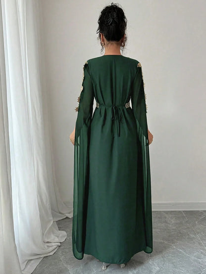 Rafferiza عباءة نسائية طويلة الأكمام بتصميم لوحات ملونة، فستان كفتان بلون أحادي مزين بتريم من الدانتيل - alotasawkli