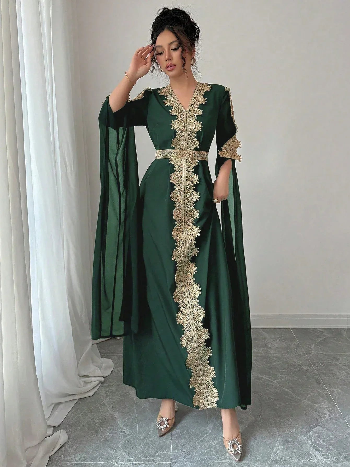 Rafferiza عباءة نسائية طويلة الأكمام بتصميم لوحات ملونة، فستان كفتان بلون أحادي مزين بتريم من الدانتيل - alotasawkli