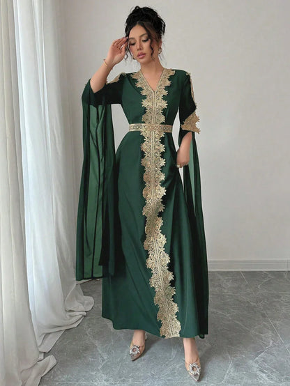 Rafferiza عباءة نسائية طويلة الأكمام بتصميم لوحات ملونة، فستان كفتان بلون أحادي مزين بتريم من الدانتيل - alotasawkli