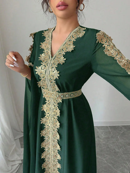 Rafferiza عباءة نسائية طويلة الأكمام بتصميم لوحات ملونة، فستان كفتان بلون أحادي مزين بتريم من الدانتيل - alotasawkli