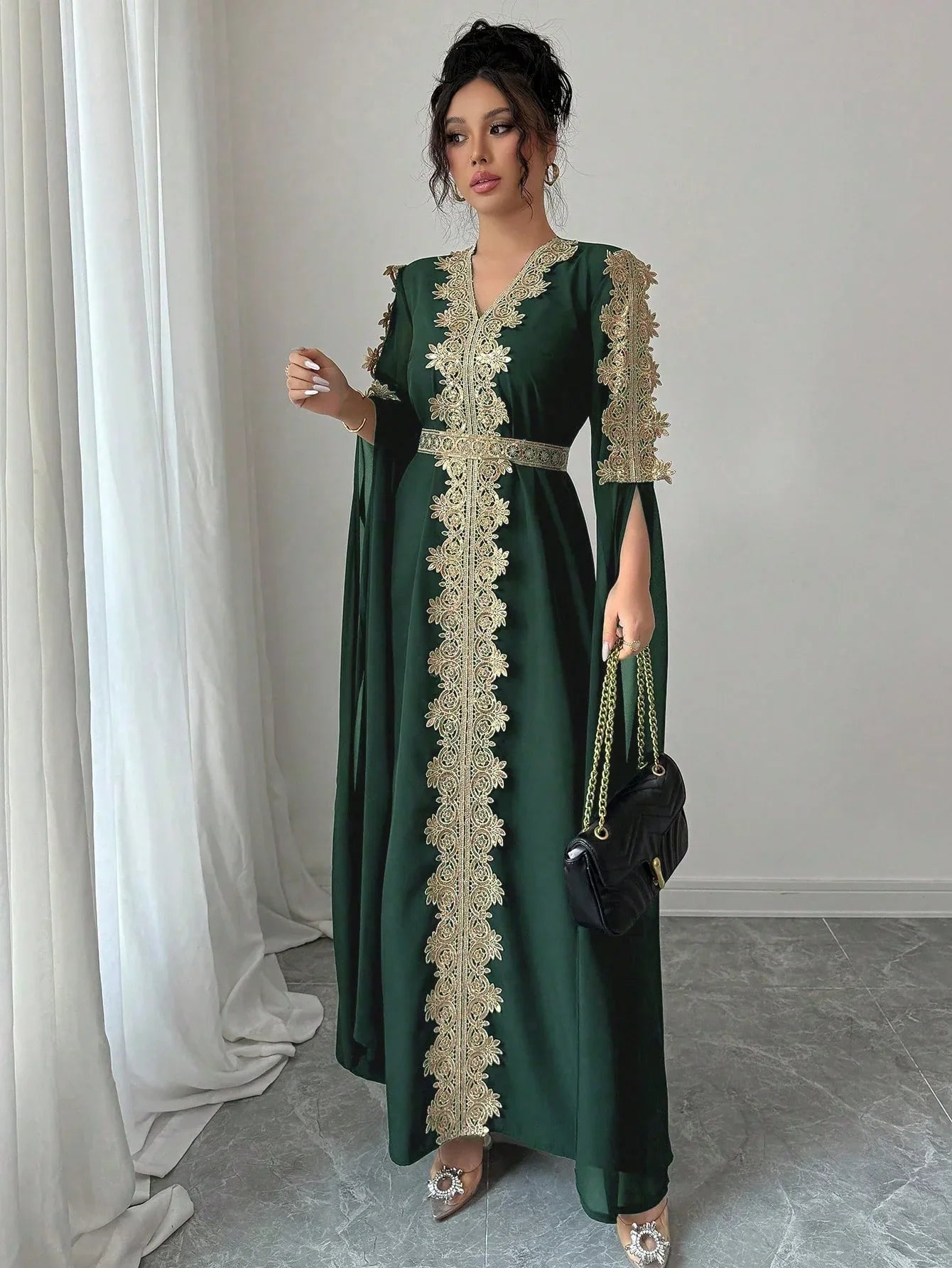 Rafferiza عباءة نسائية طويلة الأكمام بتصميم لوحات ملونة، فستان كفتان بلون أحادي مزين بتريم من الدانتيل - alotasawkli