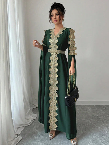 Rafferiza عباءة نسائية طويلة الأكمام بتصميم لوحات ملونة، فستان كفتان بلون أحادي مزين بتريم من الدانتيل - alotasawkli