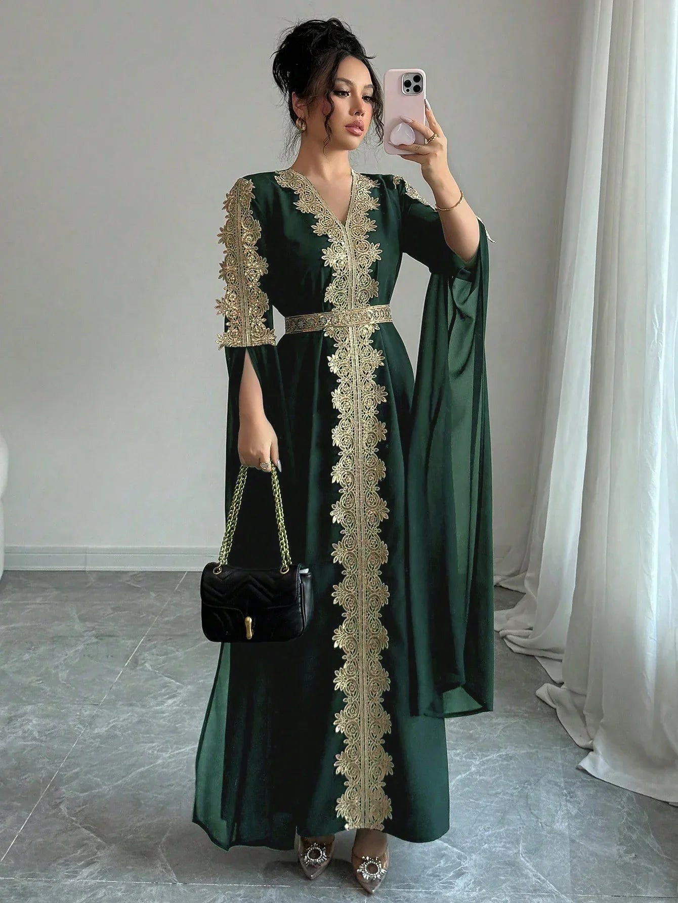 Rafferiza عباءة نسائية طويلة الأكمام بتصميم لوحات ملونة، فستان كفتان بلون أحادي مزين بتريم من الدانتيل - alotasawkli
