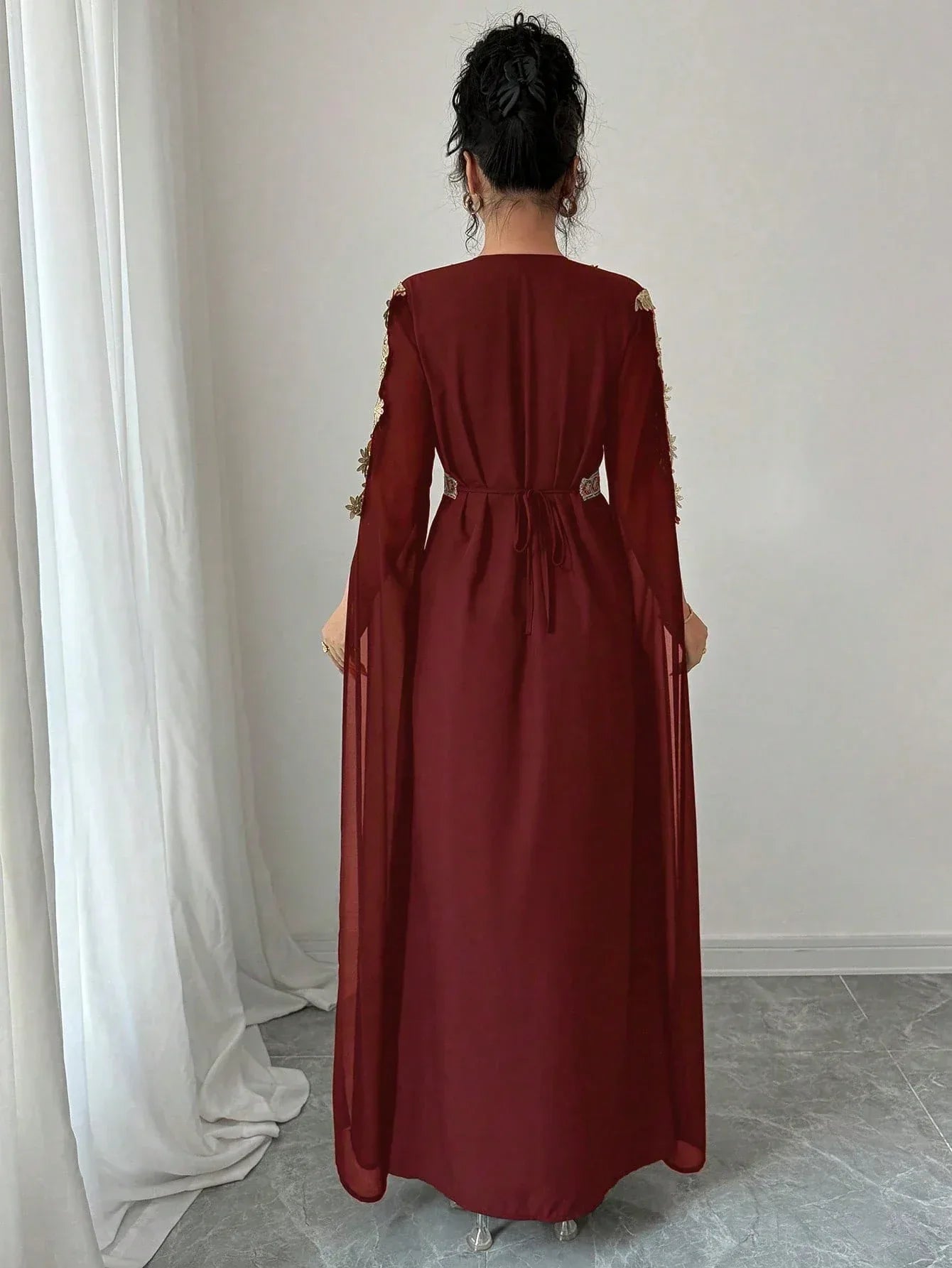 Rafferiza عباءة نسائية طويلة الأكمام بتصميم لوحات متناسقة، فستان كفتان بلون أحادي مع تطريز دانتيل - alotasawkli