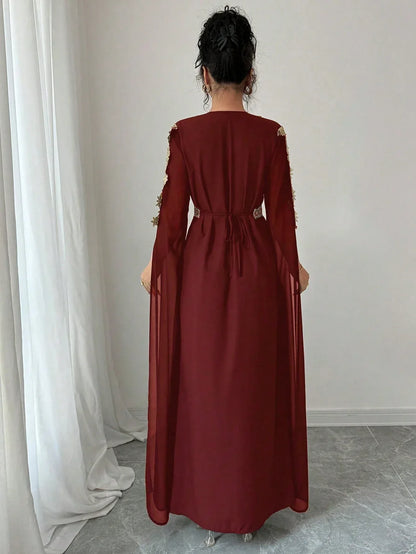 Rafferiza عباءة نسائية طويلة الأكمام بتصميم لوحات متناسقة، فستان كفتان بلون أحادي مع تطريز دانتيل - alotasawkli