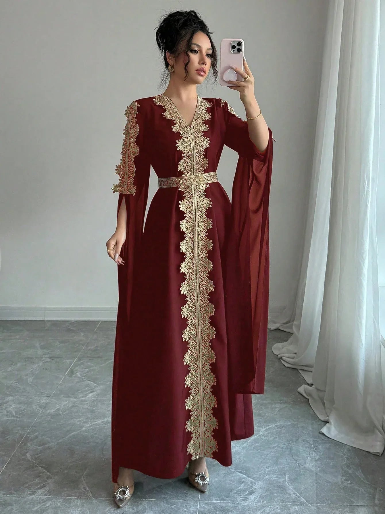 Rafferiza عباءة نسائية طويلة الأكمام بتصميم لوحات متناسقة، فستان كفتان بلون أحادي مع تطريز دانتيل - alotasawkli