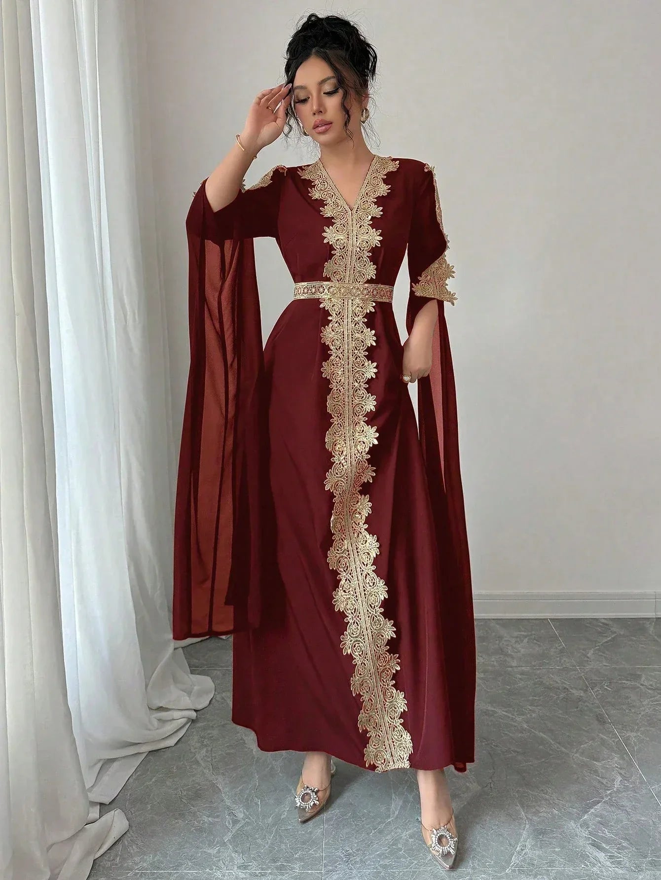 Rafferiza عباءة نسائية طويلة الأكمام بتصميم لوحات متناسقة، فستان كفتان بلون أحادي مع تطريز دانتيل - alotasawkli