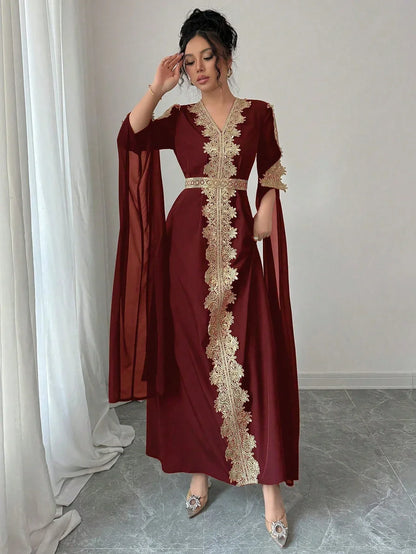 Rafferiza عباءة نسائية طويلة الأكمام بتصميم لوحات متناسقة، فستان كفتان بلون أحادي مع تطريز دانتيل - alotasawkli